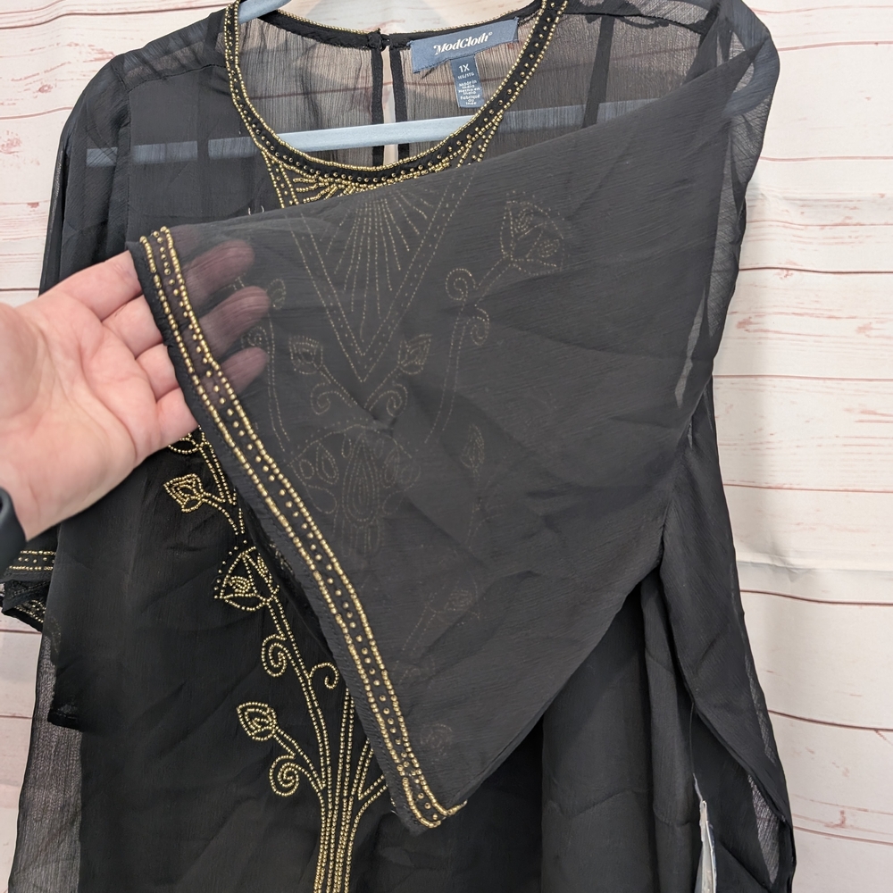 🎉 SALE 🎉NWT Modcloth Black Sheer Blouse with Gold Bead Embroidery - Picture 4 of 12